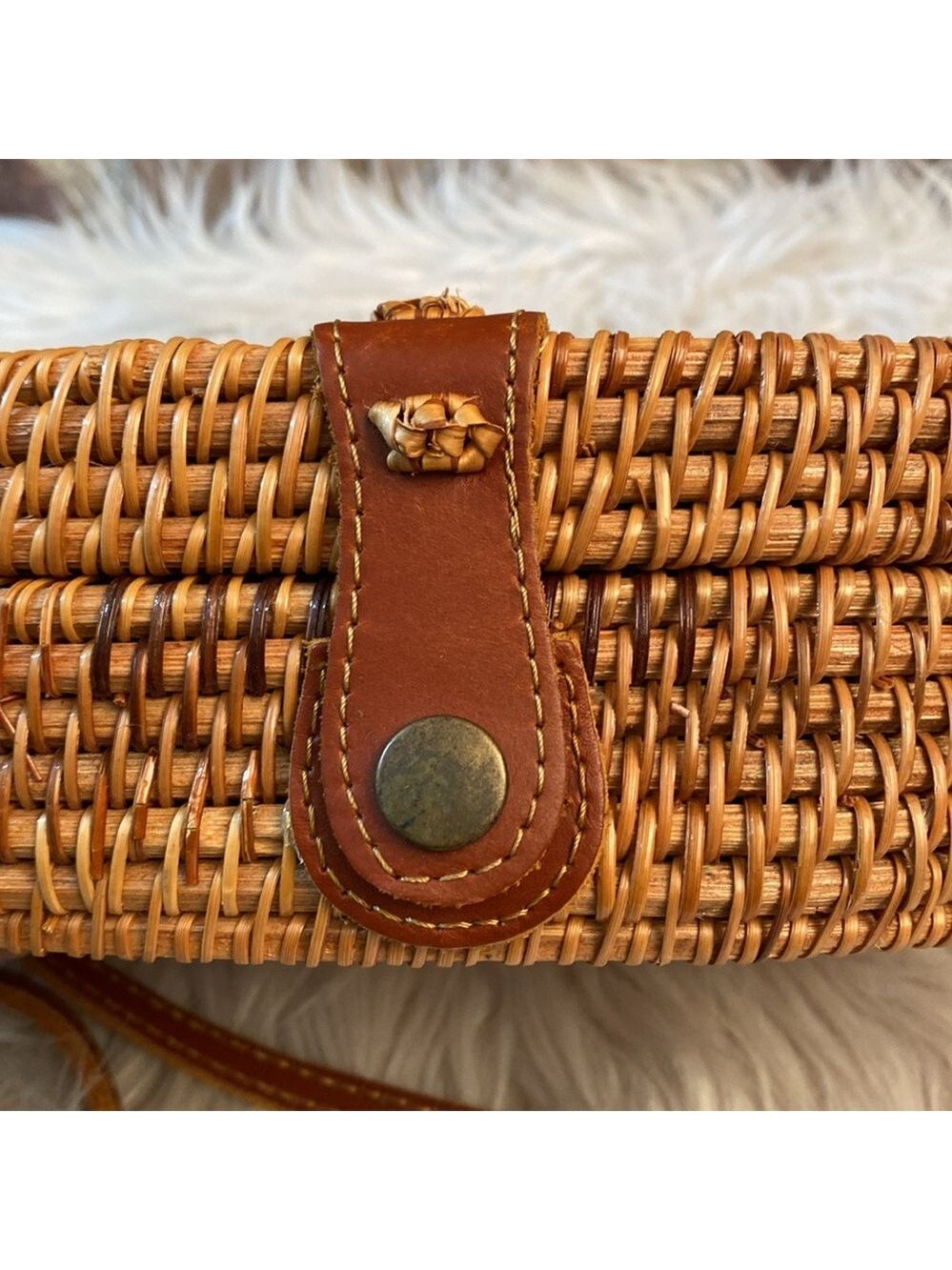 Oval Woven Rattan Bag with Long Leather Strap - Picture 13 of 16